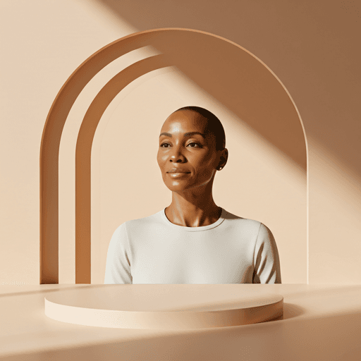 A serene portrait of a mature Black woman in a minimalist wellness sanctuary, captured in soft golden-hour light.